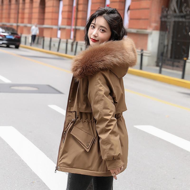Women's Winter Fur Collar Loose Hooded Drawstring Piled Thickened Pie Thin Coat Women's Versatile Windproof