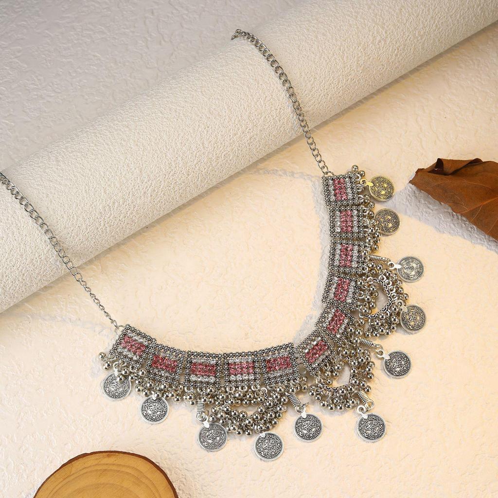 Bohemian Exotic Rhinestone Tassel Necklace & Earrings Set In Antiqued Alloy