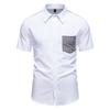 Men's Houndstooth Trim Button-Up Shirt - Black Short Sleeve with Checkered Collar & Cuffs, Casual Modern Dressy Style