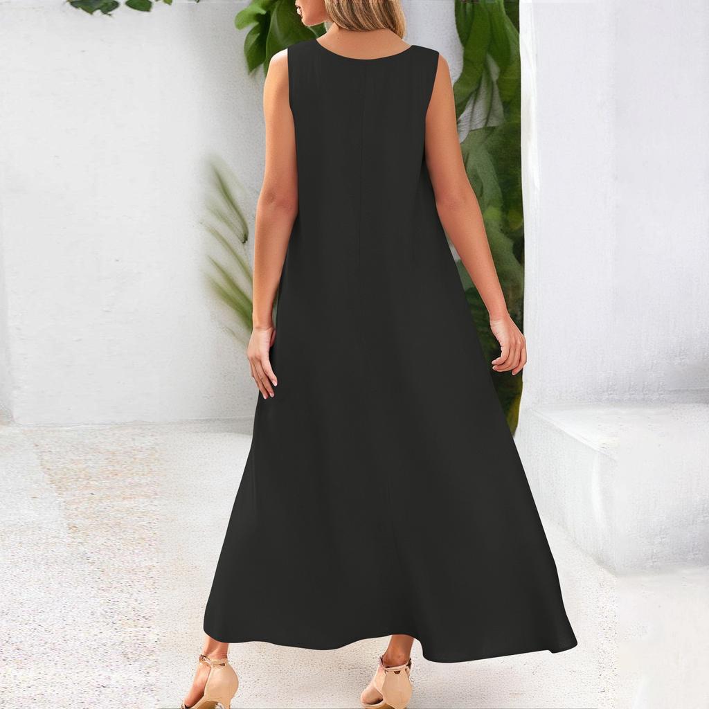 Women's Summer Casual Sleeveless Long Dress V Neck Vest Solid Color Beach Dress