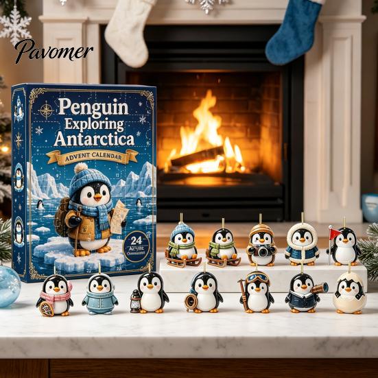 Interaktivní odpočet do svátků Tučňák císařský Antarktický adventní kalendář, 24denní zimní krabička s roztomilými 24denními ozdobami průzkumníků, 2D akrylová závěsná dekorace,
