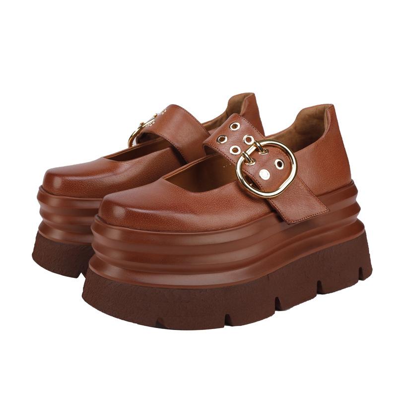 Johnature Vintage Thick Soled Shoes Round Toe Genuine Leather Versatile Four Seasons Women's Shoes