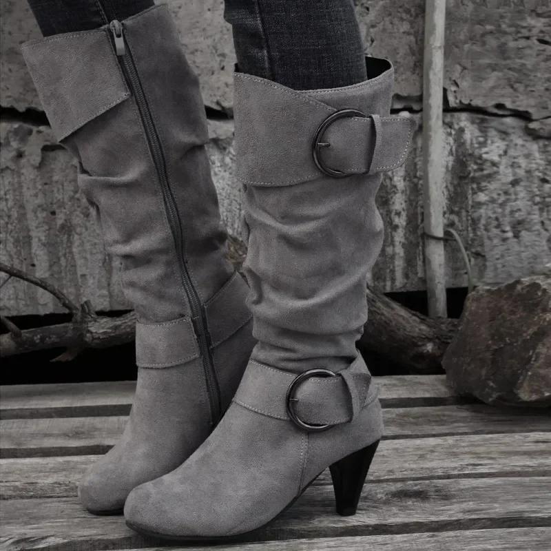 Fashion 2024Winter Fashion Shoes for Women Side Zip Women's Mid-Calf Boots Spike Heels Casual Women's Shoes Med Heel Buckle Ladies Boots