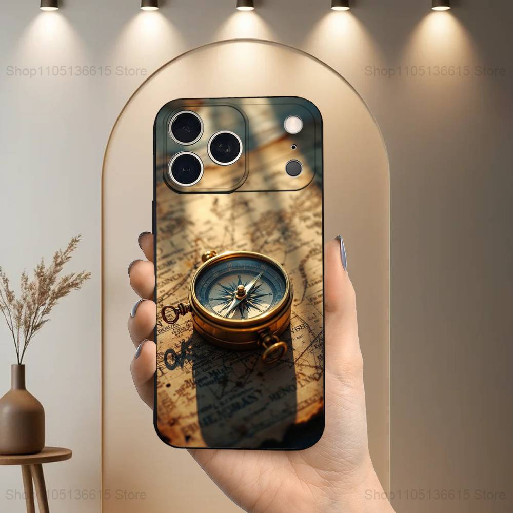 Art Navigation Compass For iPhone 13,17,11,12,16,14,15,Plus,Pro Max,XS,X,XR,SE,Mini,8,7,Soft Silicone Black Phone Case