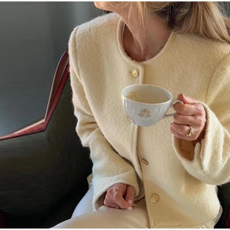 Осенний элегантный твидовый пиджак женский винтажный шерстяной однобортный с круглым — фото 14