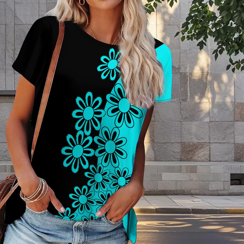 Women Summer T Shirt Flower Print Retro Fashion Short Sleeve Tees Casual   Printed  Tops