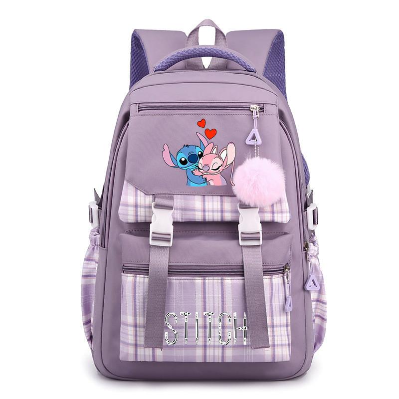 Cute Girl Backpack For School With Stitch Print And Checkered Patchwork Design For Middle School Students