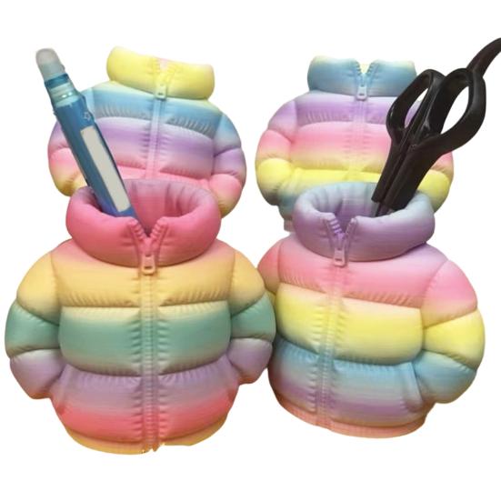 Rainbow Down Coat Pen Holder, 3D Printed Puffer Jacket Desk Organizer, Creative Storage for Stationery And Brushes