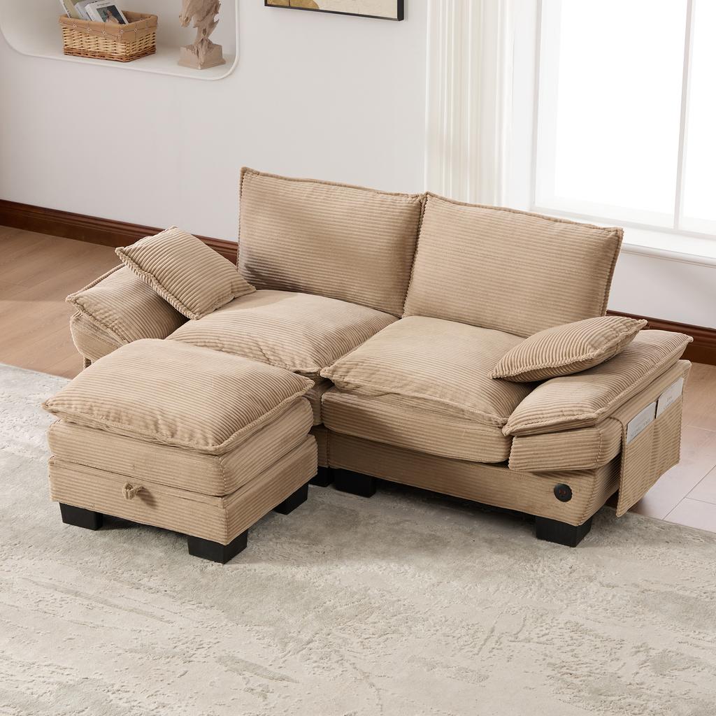 Modular 2-seater Corduroy Sofa (with Ottoman) – Wide Seat, Ergonomic Design, High-density Foam Padding, USB-C Port, Side Pockets. Khaki