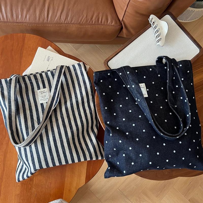 [Suxi cloth bag] Denim shoulder canvas bag texture literary retro polka dot striped versatile book bag large capacity