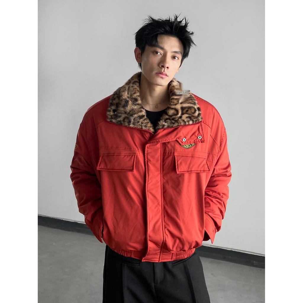 Winter 2026 American Street Style Loose Leopard Print Lapel Jacket with Fur Collar and Fleece Lining