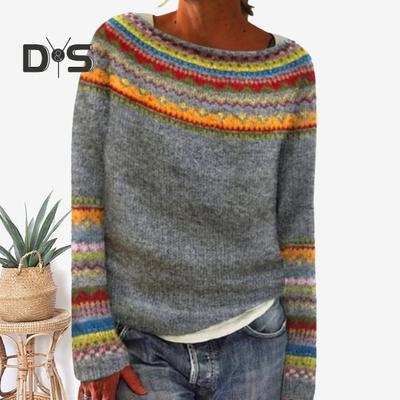 Suéter feminino gola redonda manga comprida patchwork cor tricô tops ajuste solto elástico malhas quentes uso diário