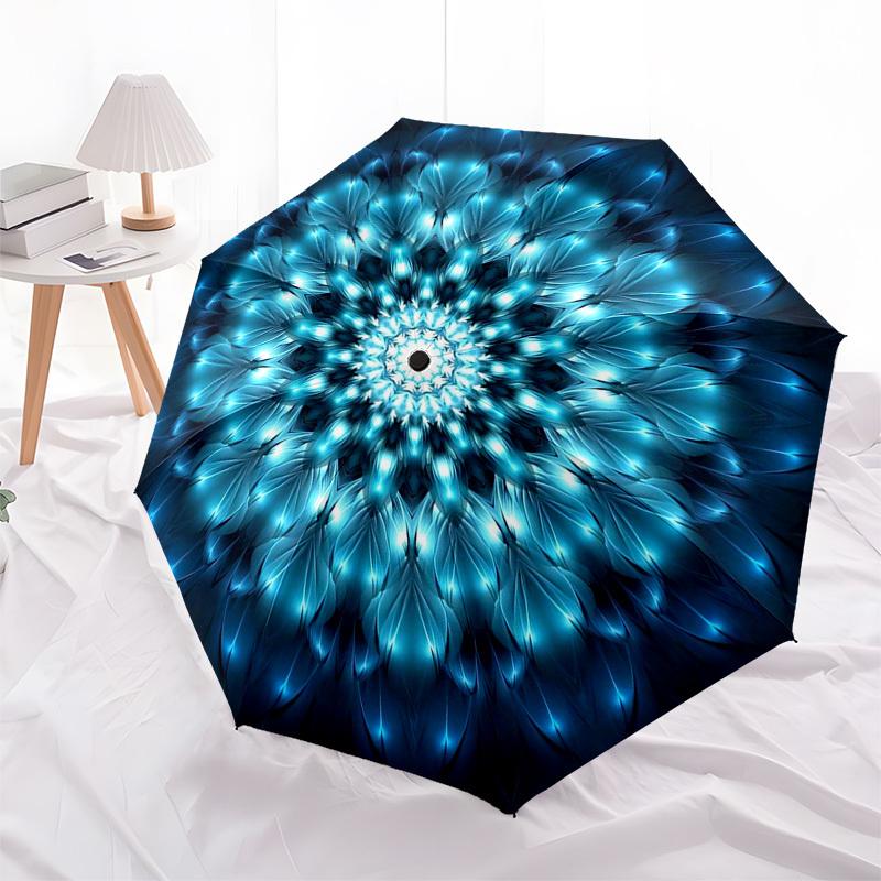 1pc Blue Flower Mandala Automatic Opening Folding Umbrella with 8-Bone Iron Frame - Portable Outdoor for Fans, Travelers, Daily Use, Festive Gift.J028