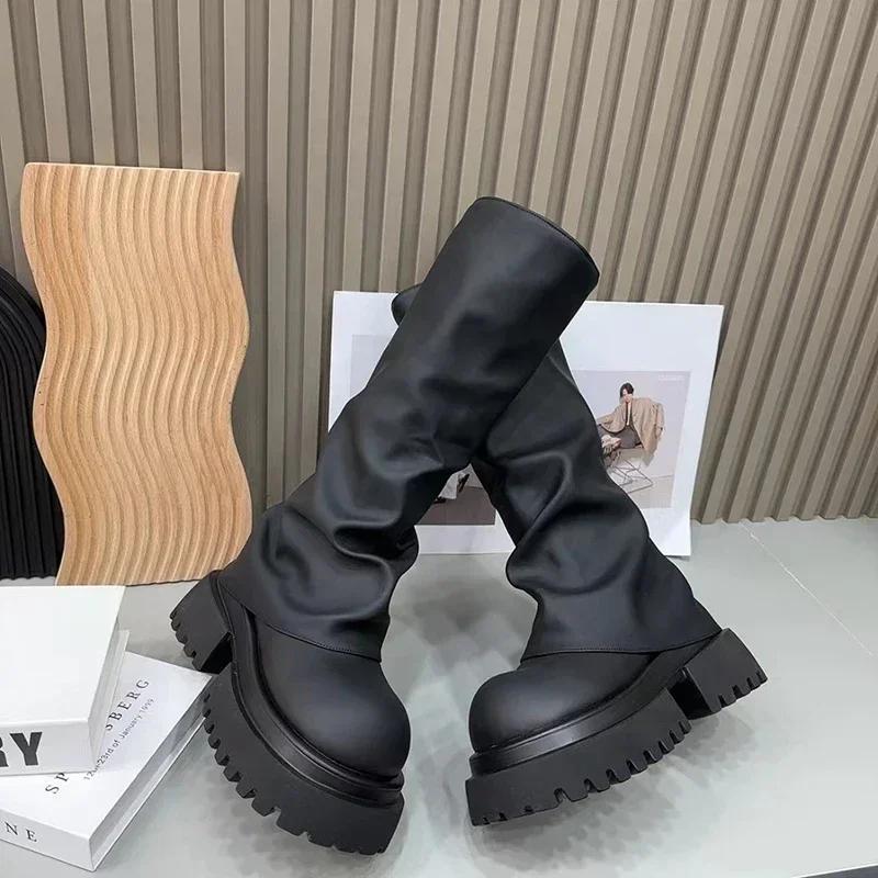 Punk Style Women Motorcycle Knee-High Boots Fashion Thick Heel Shoes Autumn Winter Women's Knight Long Booties