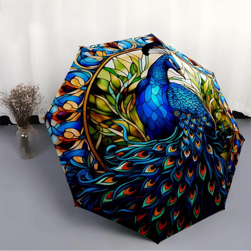 1pc Peacock StainedGlass Auto Open/close, All-Season Portable Folding Umbrella for Women & Men, Travel, Everyday, Formal Events - Compact Luxury Paras