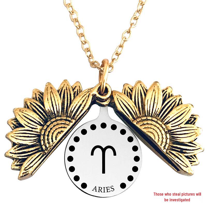 Twelve Constellations Sunflower Titanium Steel Pendant Necklace - European & American Holiday Gift