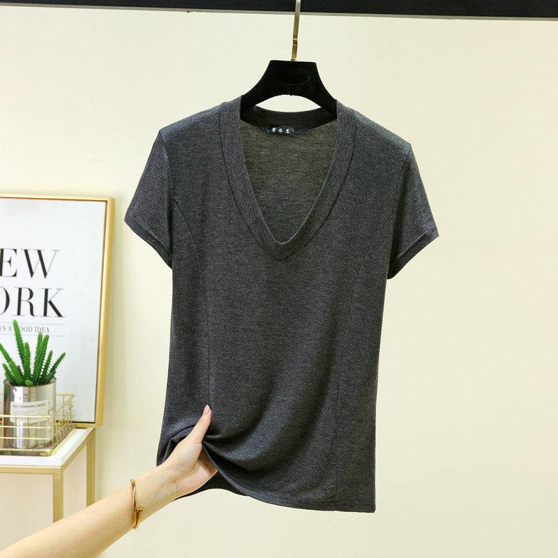 Plus size L to 6XL Modal V-Neck T-shirt Short sleeved Tees Women Ultra-thin Layering Top solid color base layer tops