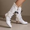 Autumn Winter Vintage Women Victorian Boots Lace Up High Heel Booties Ruffle Trim Goth Lolita Princess Cosplay Tea Party Shoes