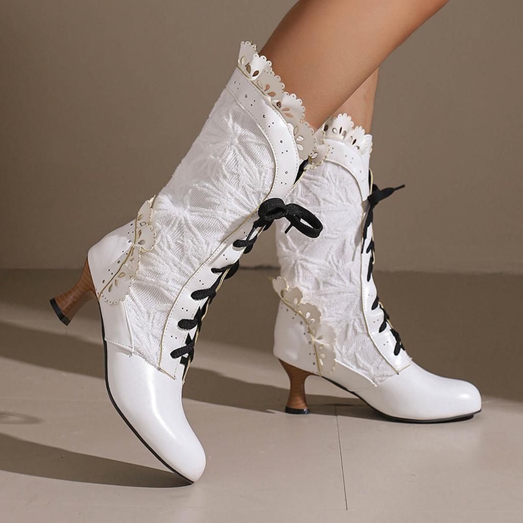 Autumn Winter Vintage Women Victorian Boots Lace Up High Heel Booties Ruffle Trim Goth Lolita Princess Cosplay Tea Party Shoes