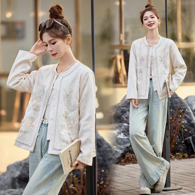 New Chinese Style Spring 2025 Beaded & Sequined Embroidery Short Jacket with Frog Button - YJ8517