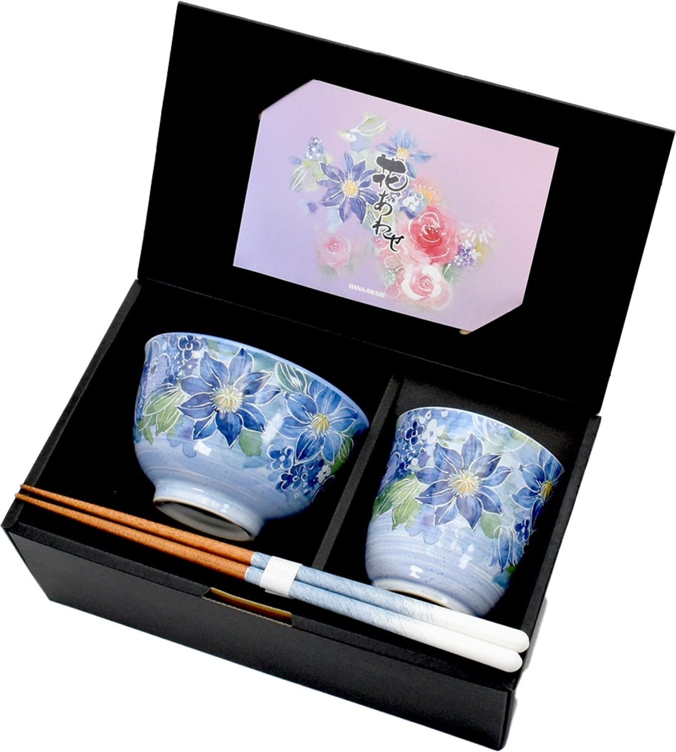 

Ceramic Indigo Flower Rice Bowl and Tea Cup Clematis Wakasa Lacquer Chopsticks Included 02593