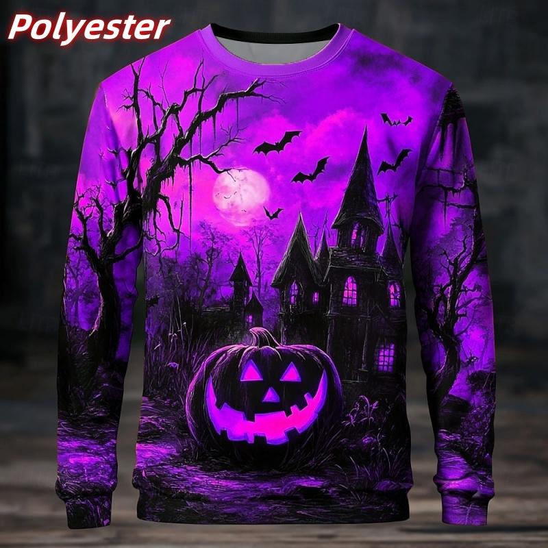Pumpkin House Tree Bat Pattern Hoodie For Men Halloween 3D Print Pullover Autumn Long Sleeve Loose O-Neck Hoodies Sweatshirt Top