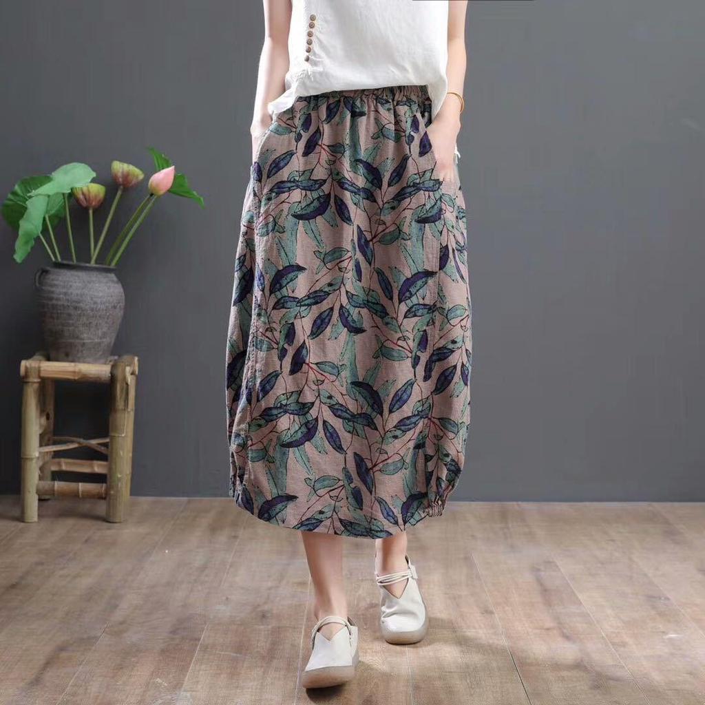 Retro Art Thin Cotton-Linen Skirt for Women – Digital Print, Big Swing, Long & Lightweight for Summer