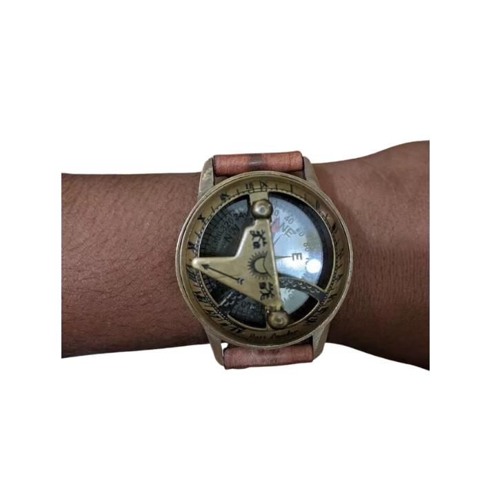 

Морський шкіряний годинник із сонячним циферблатом, латунний компас, старовинний вінтажний подарунок