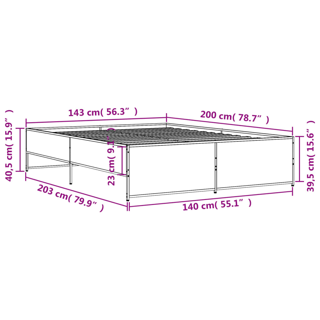 Bed Frame Smoked Oak 140 x 200 cm Particleboard and Metal