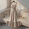 European and American New Cross-border Solid Color Temperament Elegant Dress Suspender Hand-beaded Waist Satin Gilt Dress Women