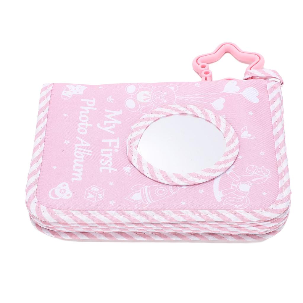 My First Photo Album with Safe Mirror Hanging Ring Roseate Bear Pattern Soft Photo Cloth Book Holds 17 4x6 Inch Pictures