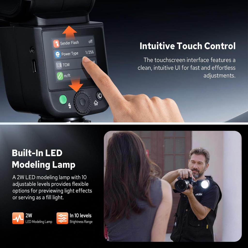 Godox V1 Mid F Flash for Speedlight with TTL 55Ws Approximately 650 Flashes At Full Recycle Wireless Sec Sync Fujifilm Support, Touchscreen, Output,