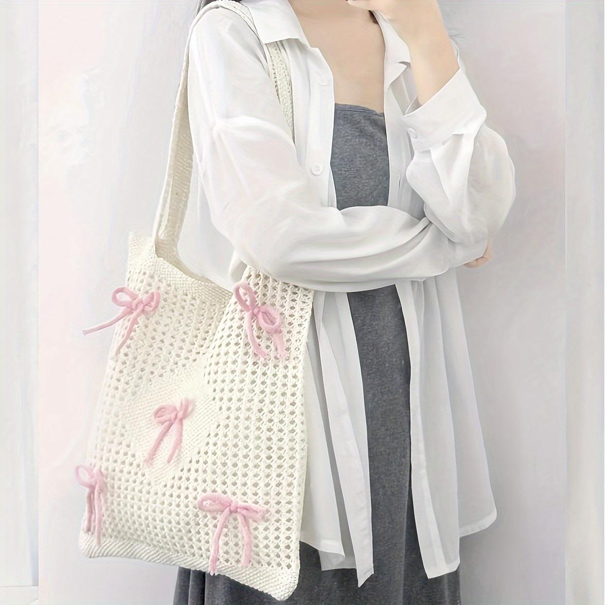 

Butterfly Decor College Crochet Handbag Foldable Large Capacity Beach Casual Shoulder Bag, Solid Color Polyester, Women s Style Floral Pattern розовый