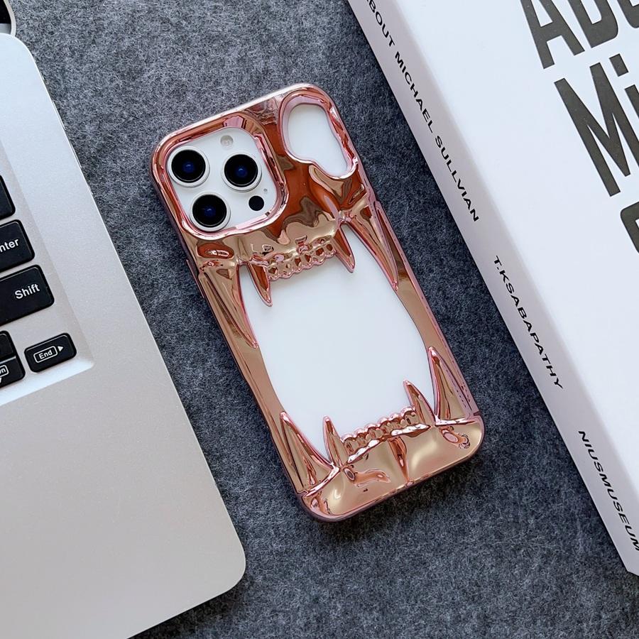 

Чехол для телефона с 3D-эффектом полого черепа и клыками, гальванизированный, глянцевый, для iPhone 16, 15, 14, 13, 12, Samsung S25, S24, ультра-противопадающий, супер-теплоотводящий чехол iPhone 13 розового золота