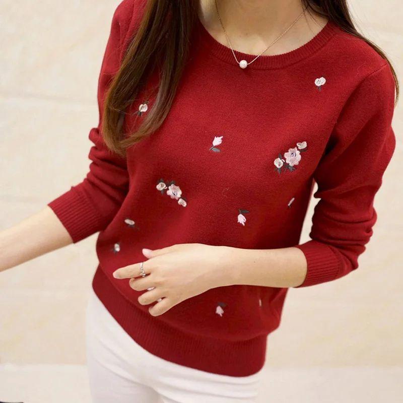 

Embroidered Round Neck Knit Sweater Plum Blossom Embroidered Crew Neck Knitwear rad S(S)