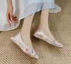 Woman's Chinese Traditional Flat Sole Embroidered Shoe Soft Sole Shallow Slip On Pointed Toe Silk Ethnic Style Cheongsam Shoes