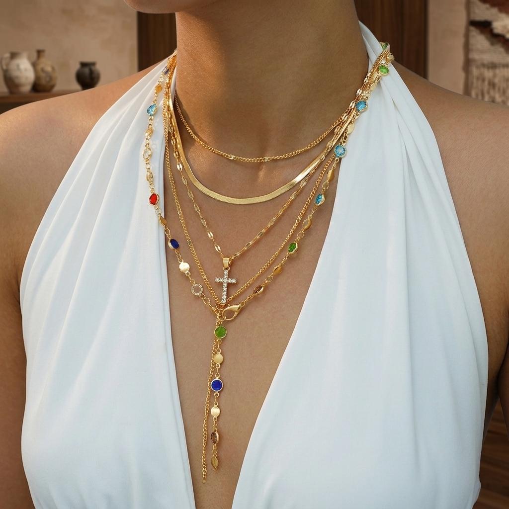 Y-Shape Pearl Beaded Necklace With Cross Metal Pendant Multi-Layer Collar Chain Elegant Design For Women 6603401HB золотой