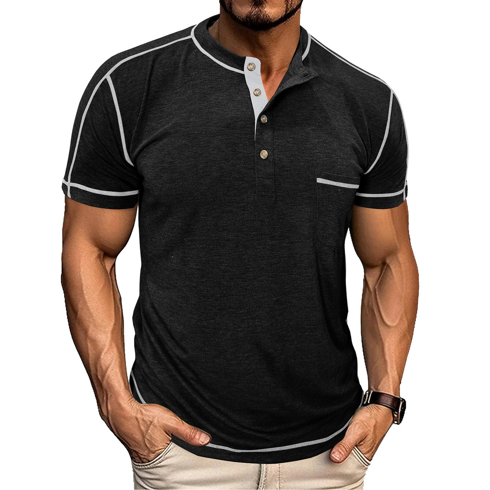 Men s Round Neck Short-sleeved Half-sleeved Henry Bottoming Shirt Top Men s Half-sleeved Fashion Contrast Color T-shirt S чёрный