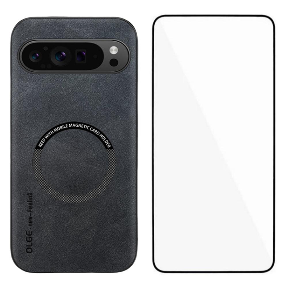 WANLONFENG YBP Series For Google Pixel 9 Pro Magnetic Case with Tempered Glass Film PU Leather+TPU Phone Cover Large Cutout