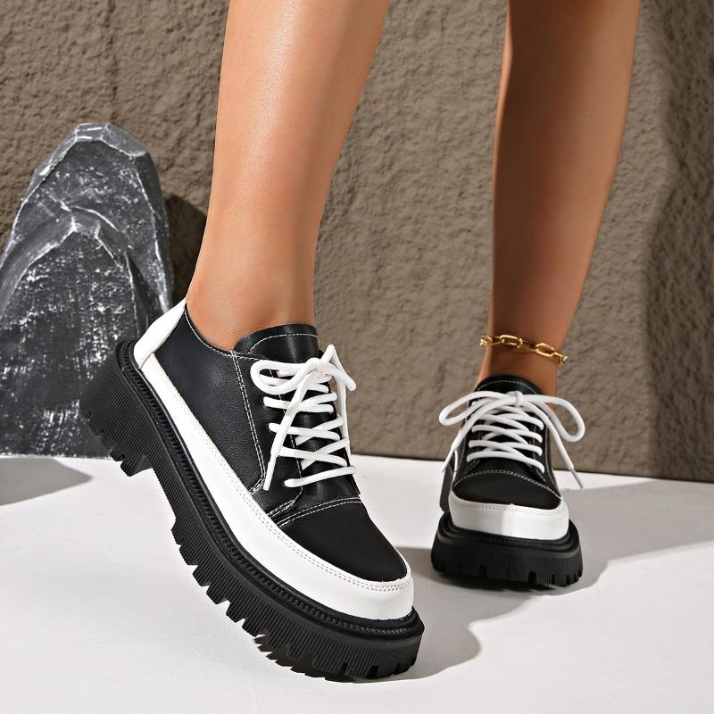 Retro women's spring and autumn new fashion versatile lace-up thick heel heightening single shoes British small leather shoes