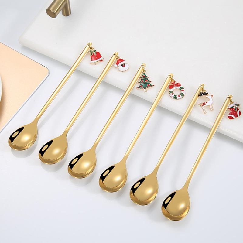 6 Pcs Christmas Cutlery Set Xmas Coffee Spoons Stainless Steel Gold Tableware for Coffee Stirring Dessert Cute Christmas Gift