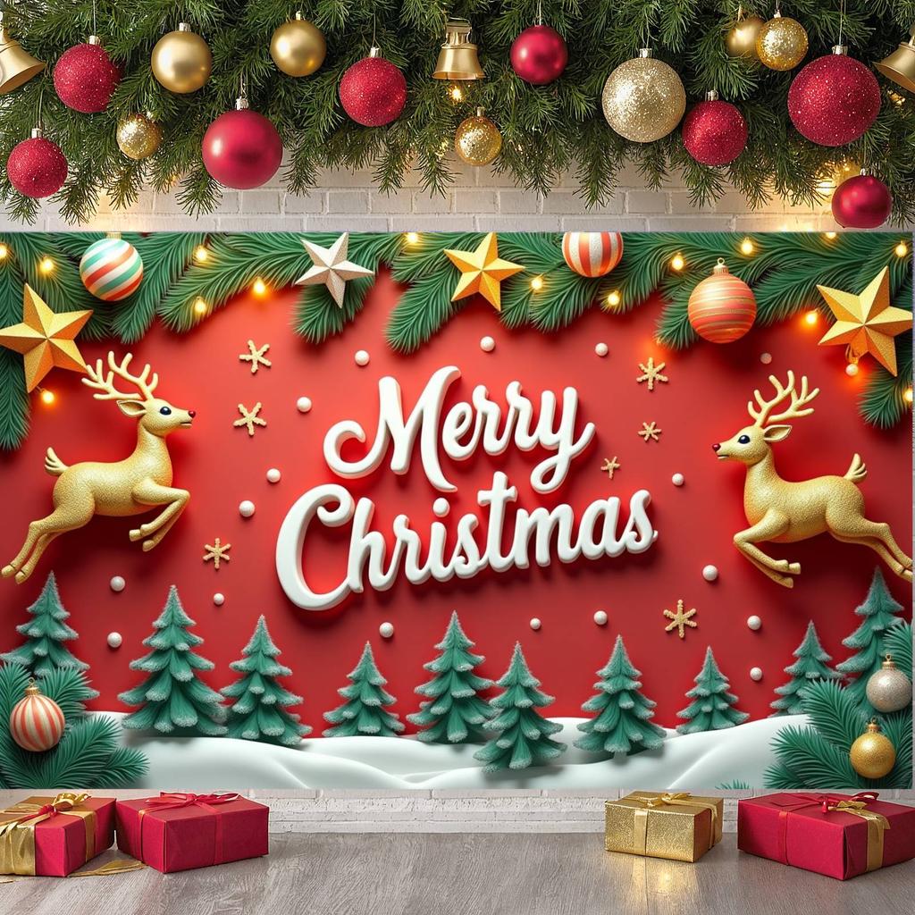 Festive Banner Pine Branch Reindeer Banner Merry Christmas Banner Golden Reindeer For Indoor Celebration Festive Event Office