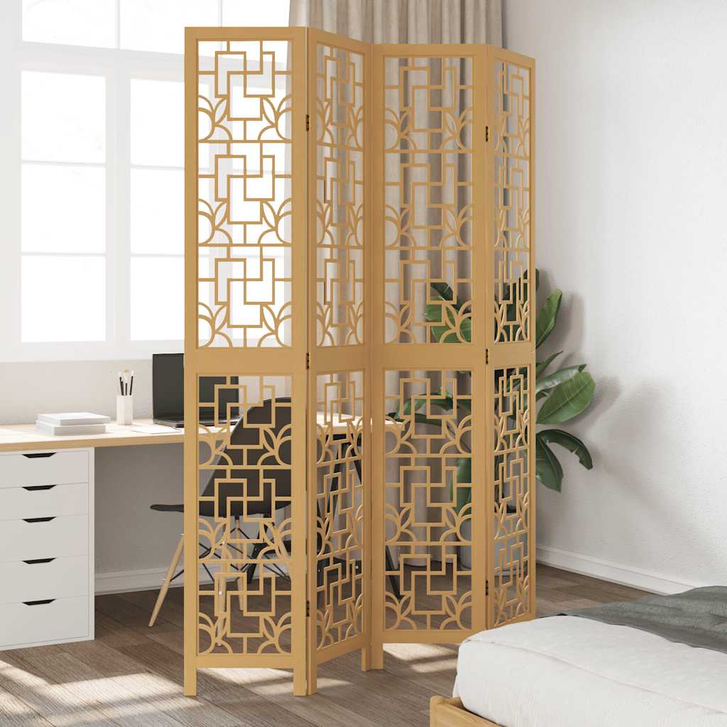 4 Panel Room Divider Brown Solid Wood Paulownia