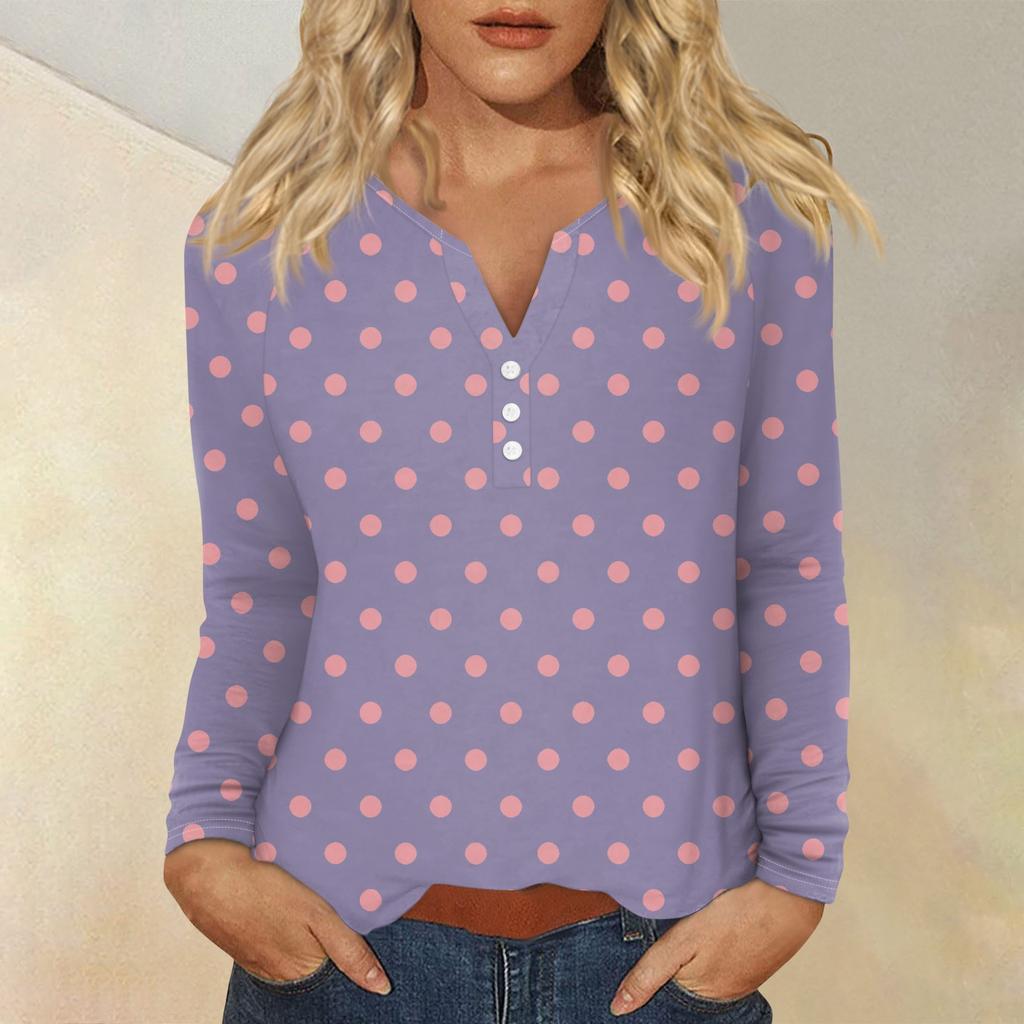 Women's Fashion Casual Printed V-neck Long Sleeve Button Up T-shirt Top