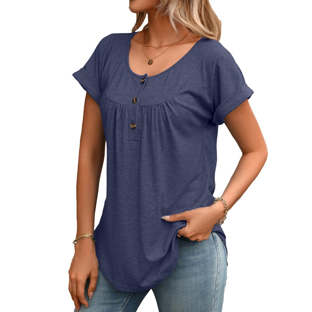 European Style Summer Solid Color Round Neck Button Loose Fit Short Sleeve T-Shirt Women