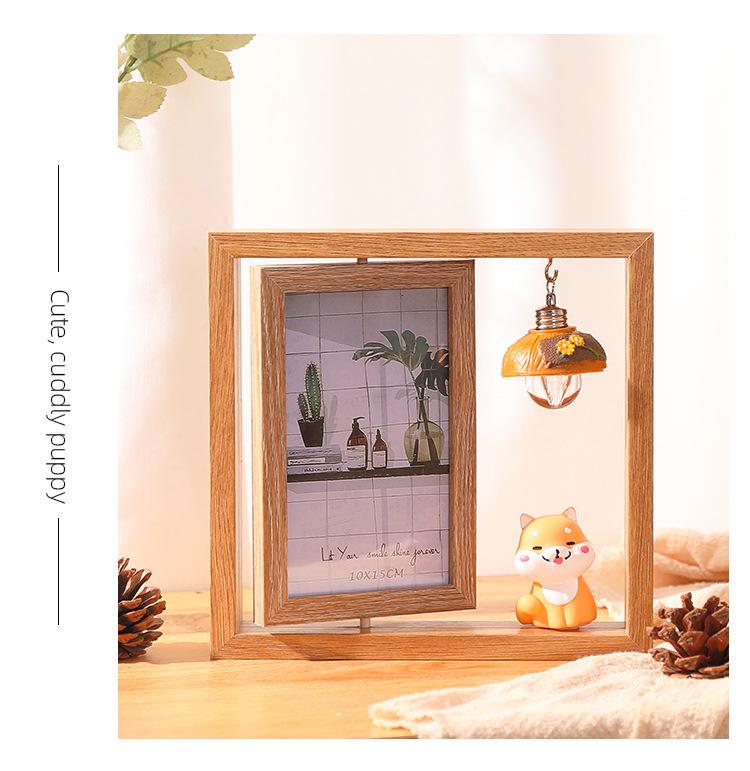 6-Inch Modern Double-Sided Rotating Wooden Photo Frame & Album with Wood Carving Ornament