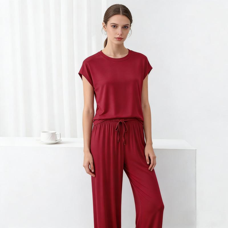 Modal Loose Homewear Set O-neck Tshirts Short Sleeves and Wide Leg Pants Casual Streetwear Suit All Match