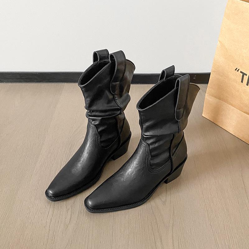 

Женские коричневые полусапоги в стиле вестерн, ковбойские, мотоциклетные - на высоком толстом каблуке, слипоны, ботильоны для осени-зимы 36