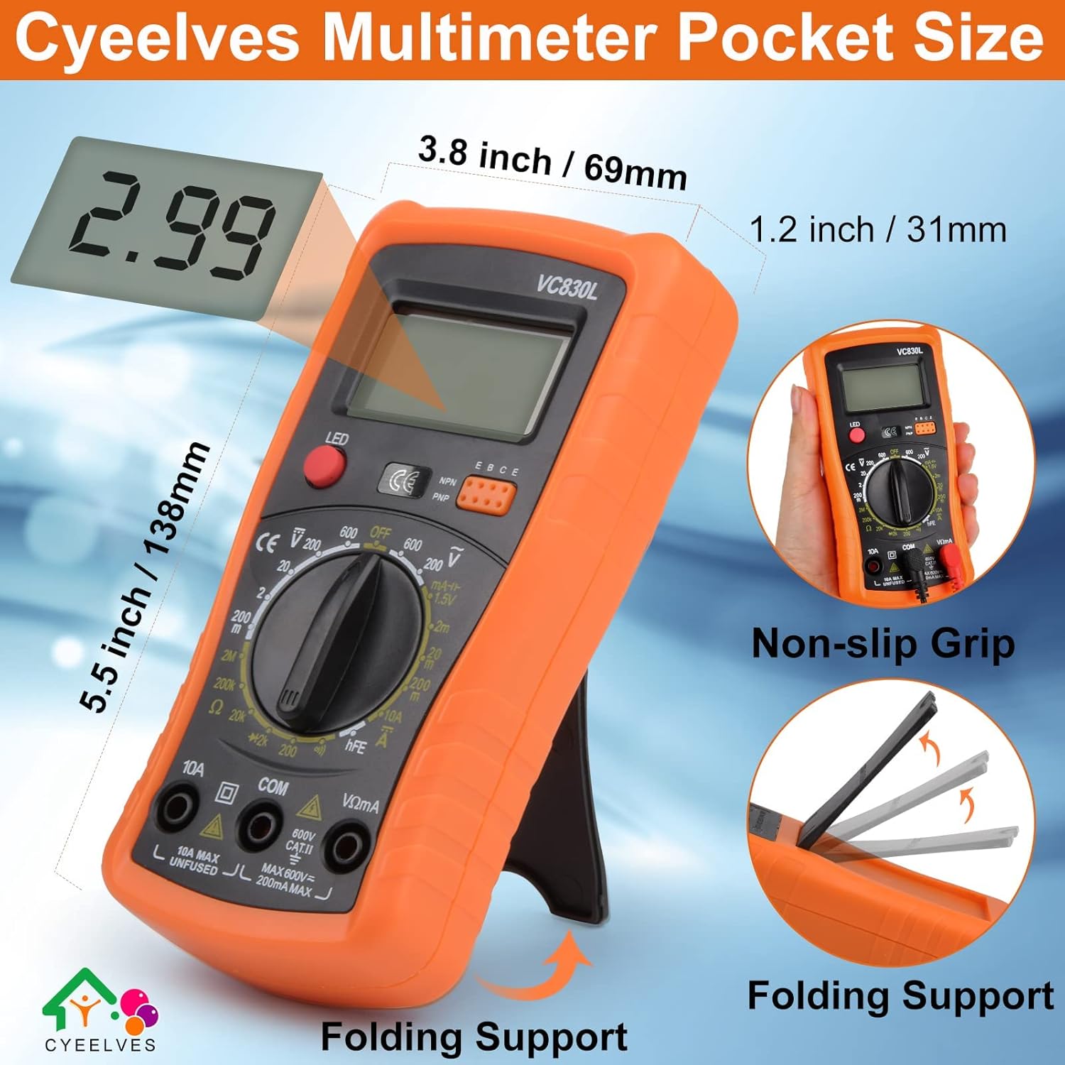 

Digital Multimeter with Backlight, AC/DC Voltmeter, Ohm & Amp Tester, Pocket-Sized, 8-Position Terminal Block United States