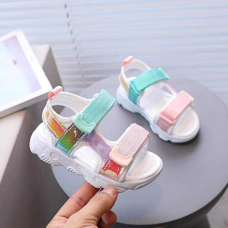 Summer Children Sport Sandals Breathable Mesh Soft Bottom Baby Girls Boys Shoes Colorful Reflective PU Leather Shoes